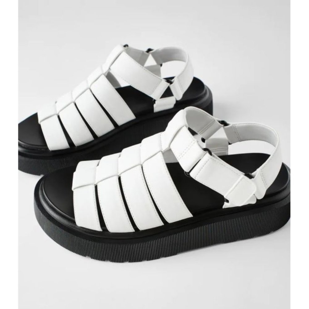 Zara Thick Sole Fisherman Sandals White Black Chunky Cut-Outs Strappy Flats 9 - Picture 3 of 15